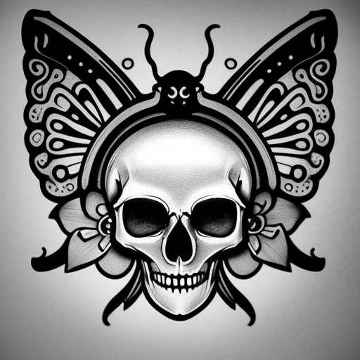 02668-2129410386-neotraditional phantatt a drawing of a skull with a flower on it's head and a butterfly on its head, with a skull in the middle.png